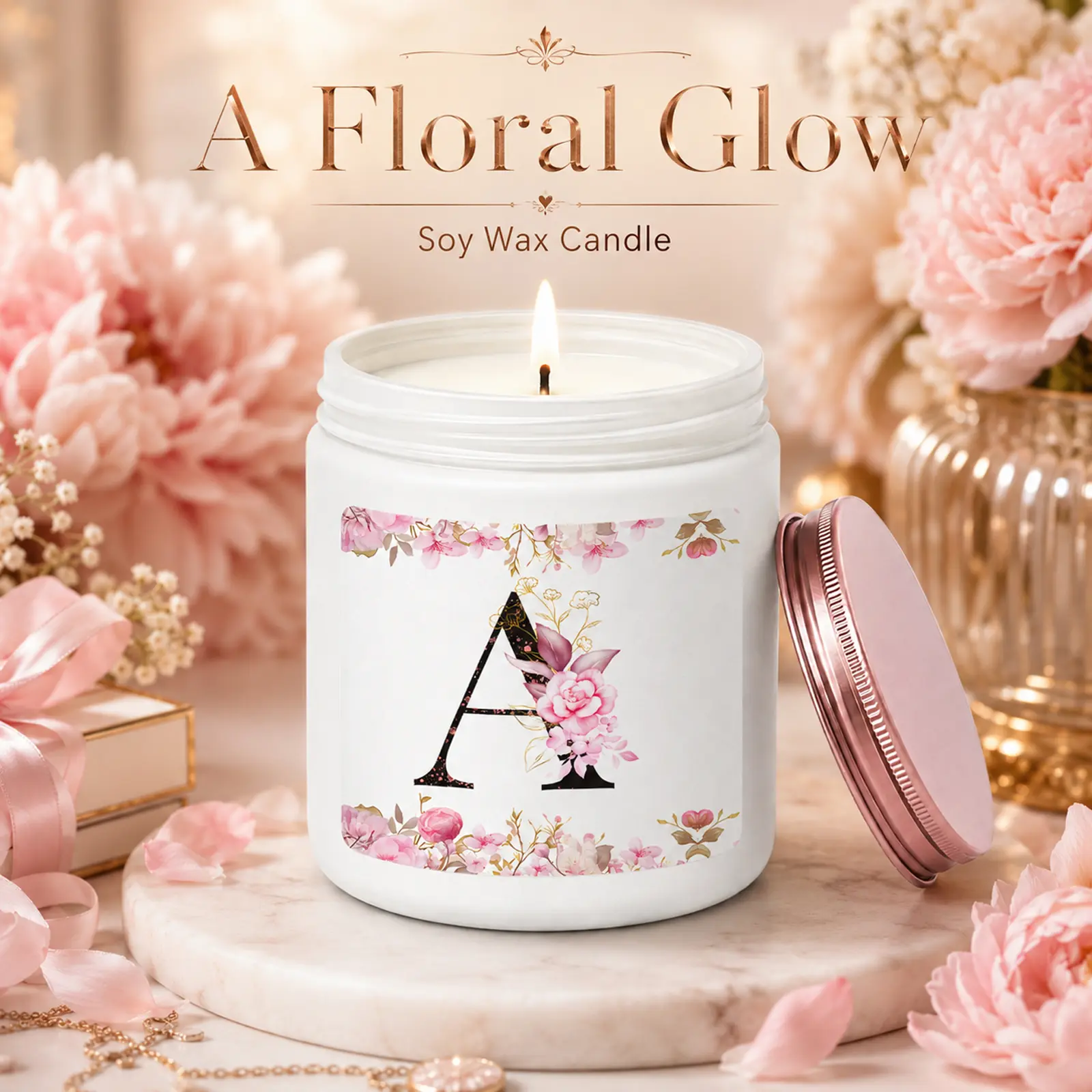 9oz 1-Piece Handmade Scented Soy Candle with Wick - Floral Initial Letter Monogram, Sea Salt+Orchid Fragrance, Aromatherapy Home Decor, Personalized Gift for Women, Bedroom Accessory for Birthday