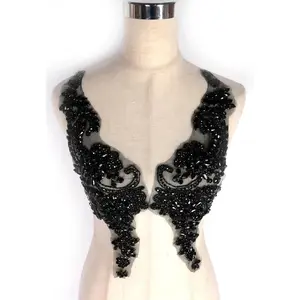 Shiny Rhinestone Pair Applique Patch in Gold Silver champgane AB Color for Prom Dress Belt Arts Crafts Sewing Decor (Black-B)