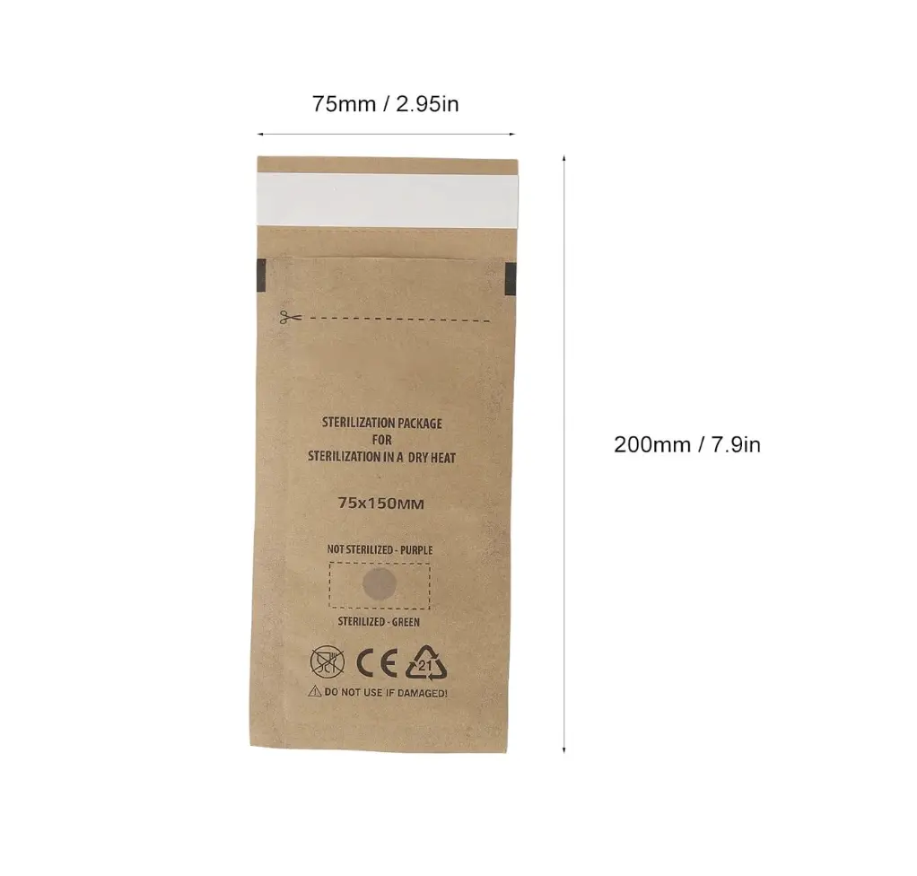 BAGDINI Essential 100Pcs Self-Sealing Kraft Paper Sterilizer Pouches 75mm x 150mm for Nail Tools & Supplies Durable Heat-Resistant for Salons & Professionals