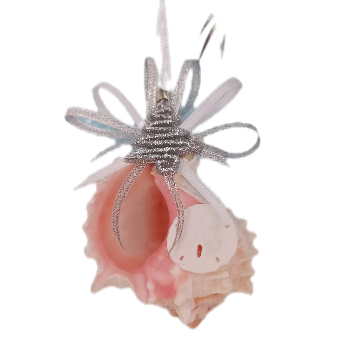 Pink Murex Nautical Christmas Ornamnet , Hand made in the united states. This Beautiful Natural Shell has a Silver and White Bow, Silver Christmas tree with a small Sand dollar.