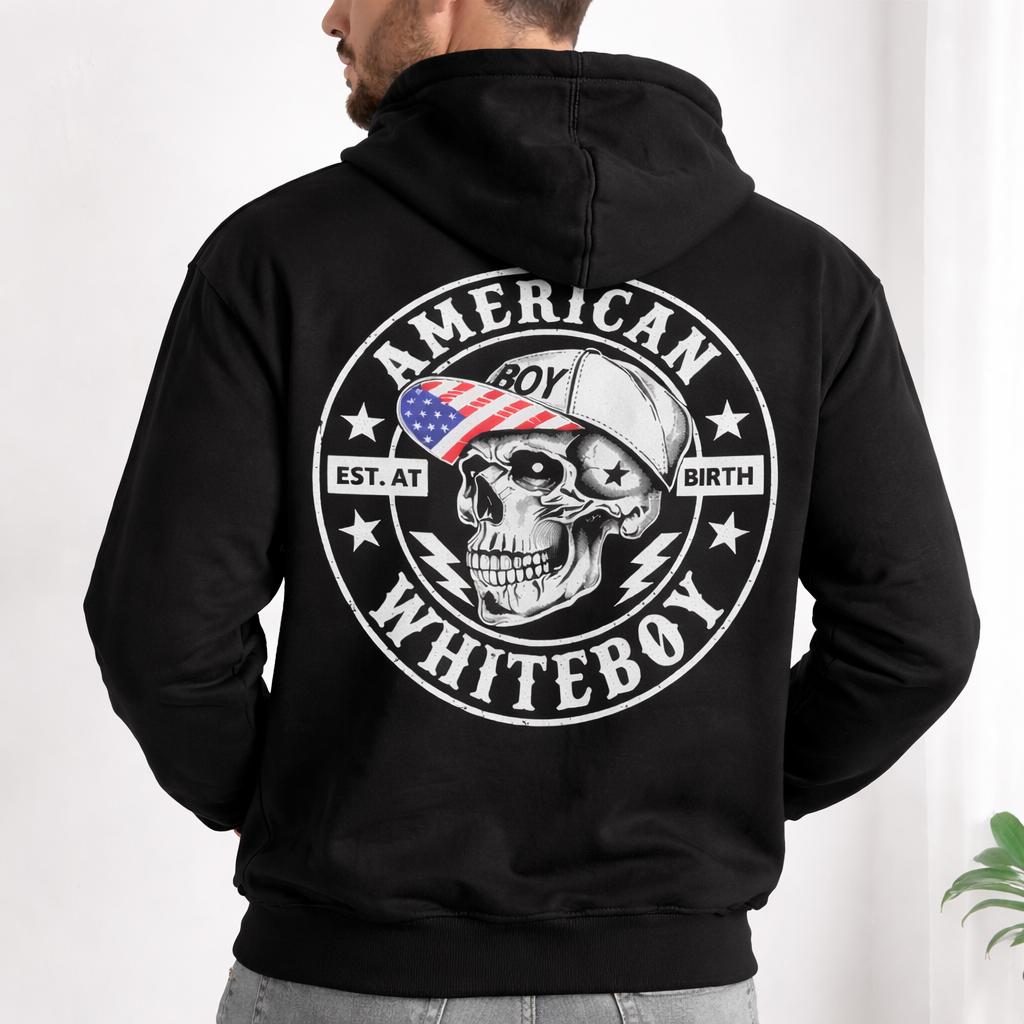 American Whiteboy Skull Graphic Hoodie, Est At Birth Patriotic Streetwear Pullover, Dark Aesthetic Urban Style Black Hoodie, Unisex Sweatshirt