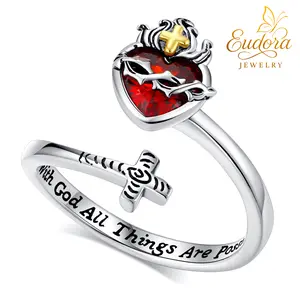 Eudora S925 Sliver Adjustable Sacred Heart & Cross Ring, "With God All Things Are Possible" Engraved, Crown of Thorns Gold Cross, Religious Jewelry Gift for Women