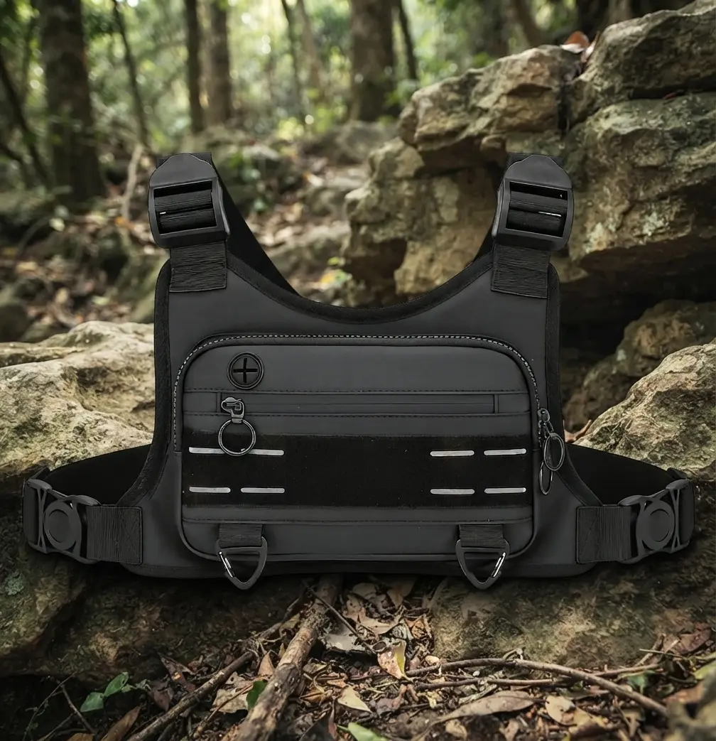 [HUOMAQFAN] Unisex Nylon Waterproof Adjustable Durable Scratch-Resistant Sports Running Chest Bag with Phone Holder, Reflective Hands-Free Lightweight Crossbody Tactical Sling Backpack for Daily Gym, Hiking