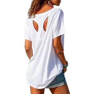 Imily Bela  Womens Elegant Trendy Open Back Comfy Loose Fitting Workout Casual Yoga T-Shirt Summer Gym Tee