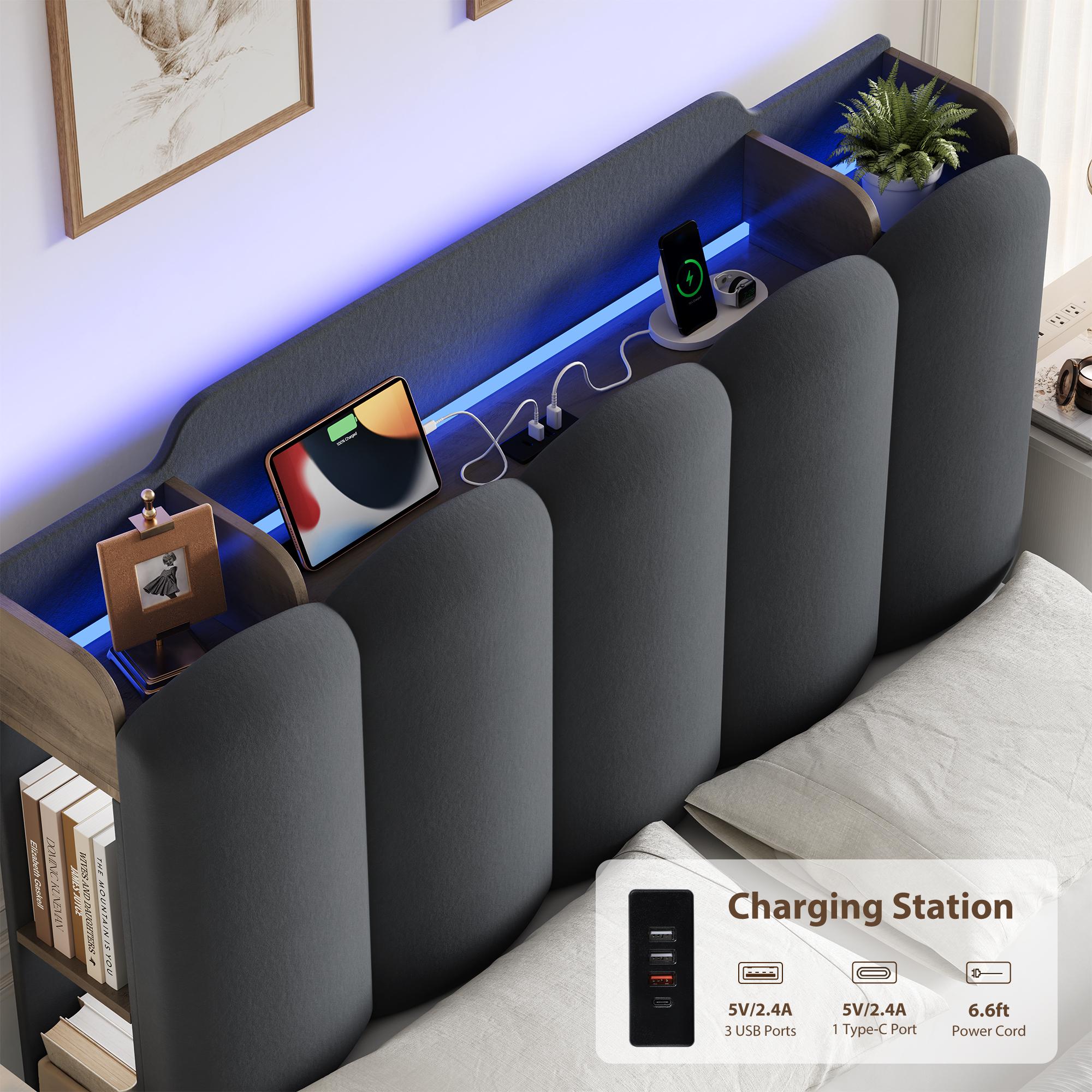HOSTACK Upholstered Platform Bed Frame (Full Size, No Mattress/Box Spring Needed) - Modern Bedroom & Apartment Furniture with Storage Headboard, LED Lights, Charging Station, Drawers, Shelves, USB & Type-C Outlets, Modern Bedroom Furniture, Platform Bed D