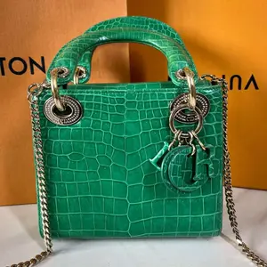 Pre-owned Dior Lady Mini 3 Green Crocodile Embossed Bag