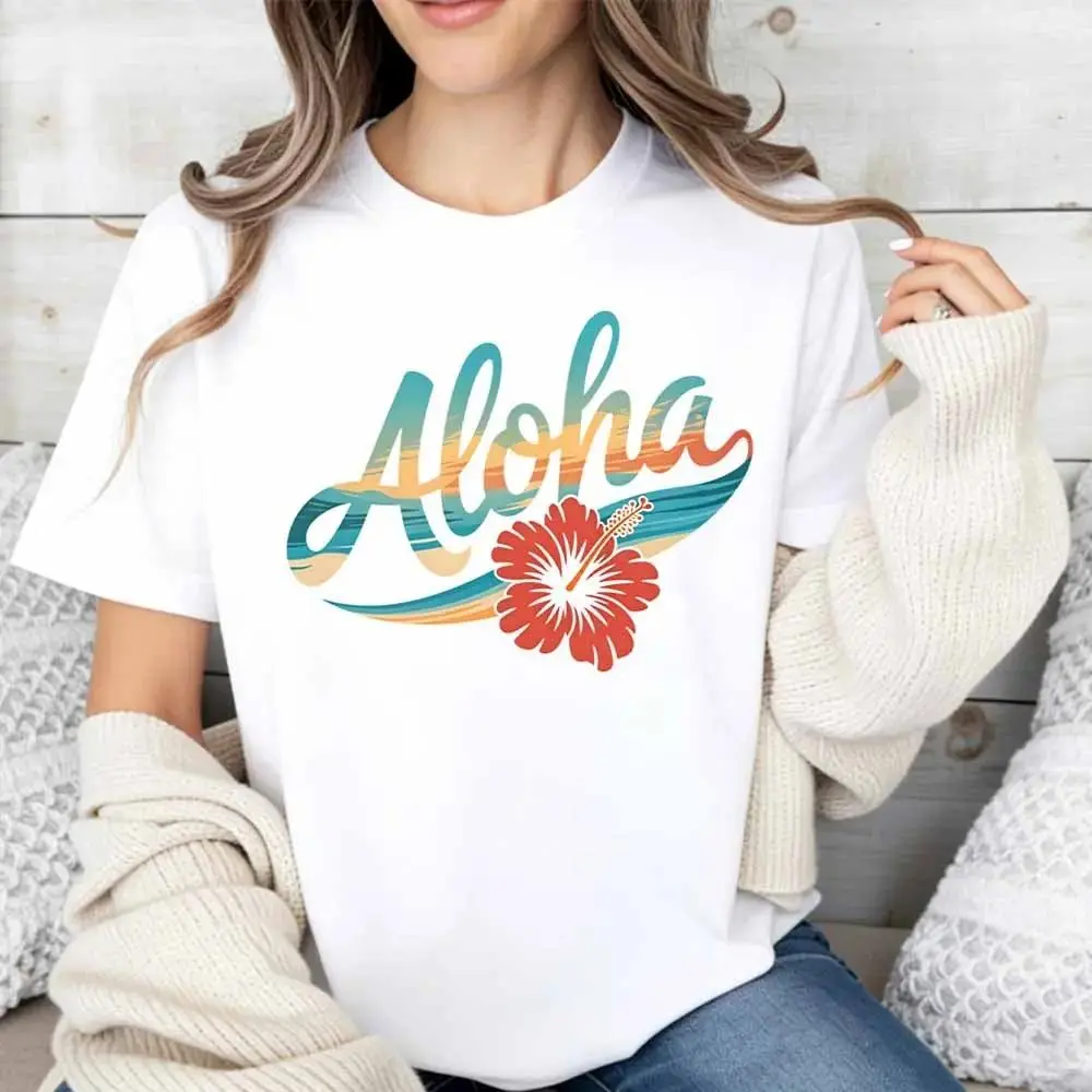 Aloha Hibiscus Print Women Oversize Tshirt Summer Casual Soft Crew Neck Beach Vacation Daily Wear Comfy Trendy Short Sleeve Tee