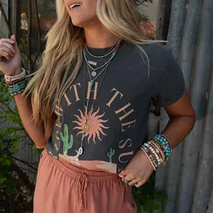 Dark Grey RISE WITH THE SUN Western Fashion Graphic Tee