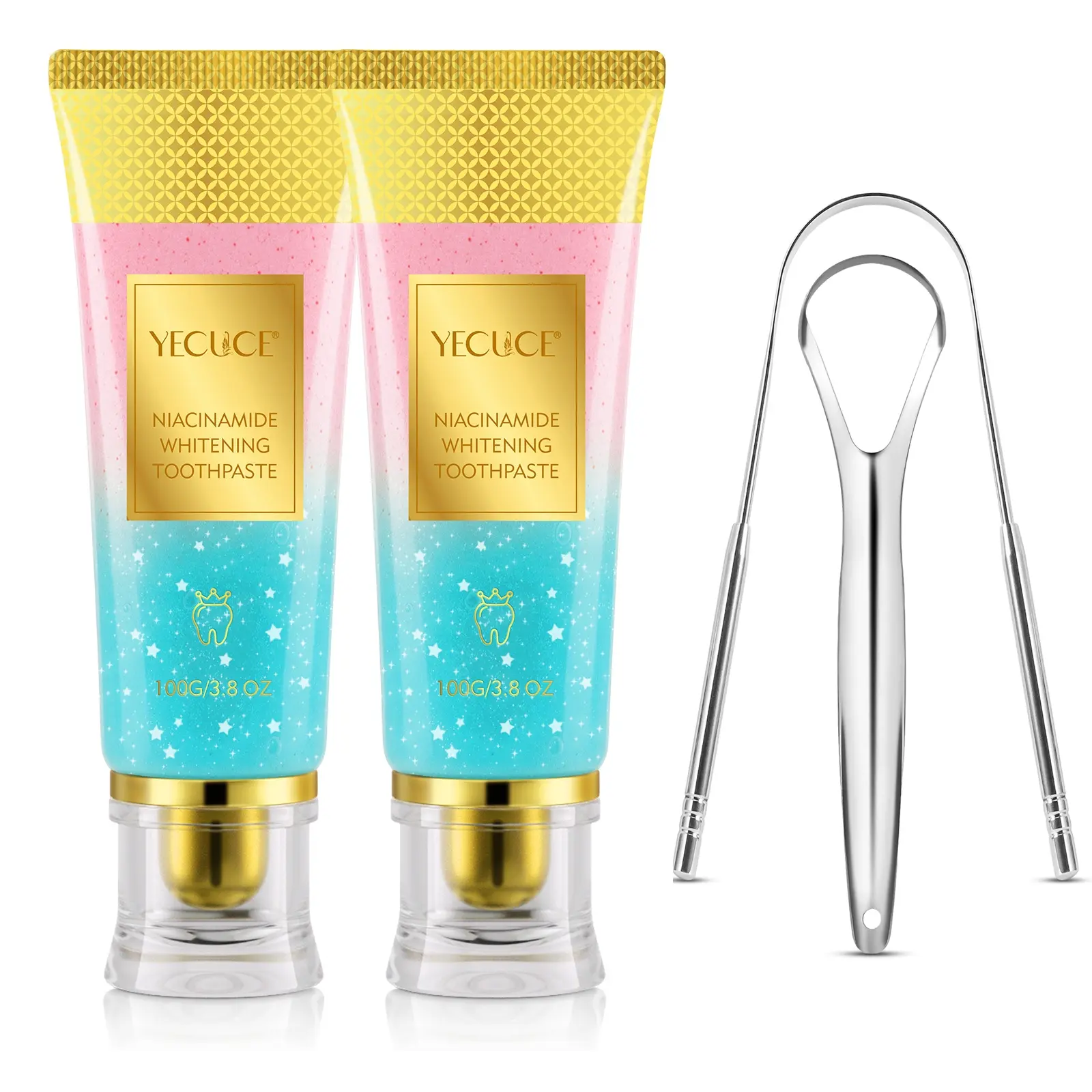 Two-Pack Yecuce Niacinamide Teeth Toothpaste 100g Nicotinamide Toothpaste with Tongue Scraper Set, Clean Plaque, Prevent Cavities, Promote Gum Health, Oral Care Kit, Oral Hygiene Essentials