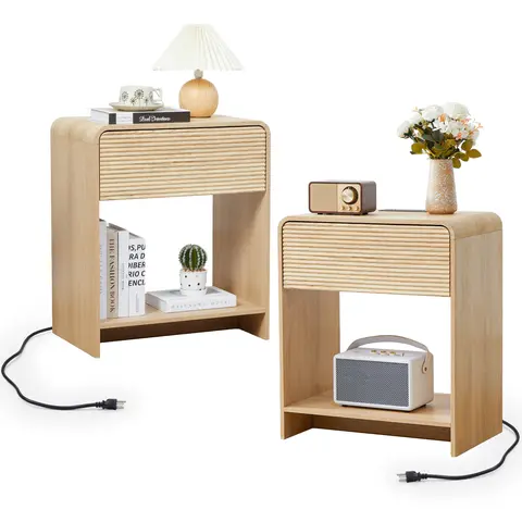 Giratree 24.8" Fluted Nightstand Set of 2 with Charging Station, Modern Bed Side Table End Table with Drawer Storage, Large Wooden Night Stands Bedside for Bedroom Living Room Sofa Office