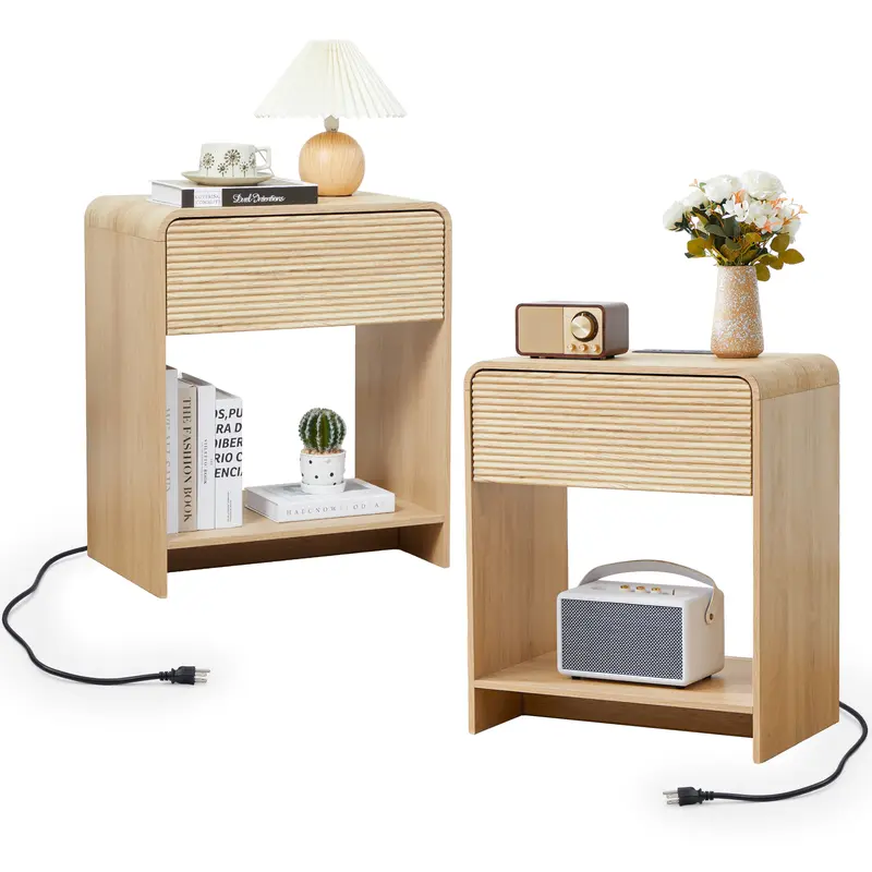 Giratree 24.8" Fluted Nightstand Set of 2 with Charging Station, Modern Bed Side Table End Table with Drawer Storage, Large Wooden Night Stands Bedside for Bedroom Living Room Sofa Office
