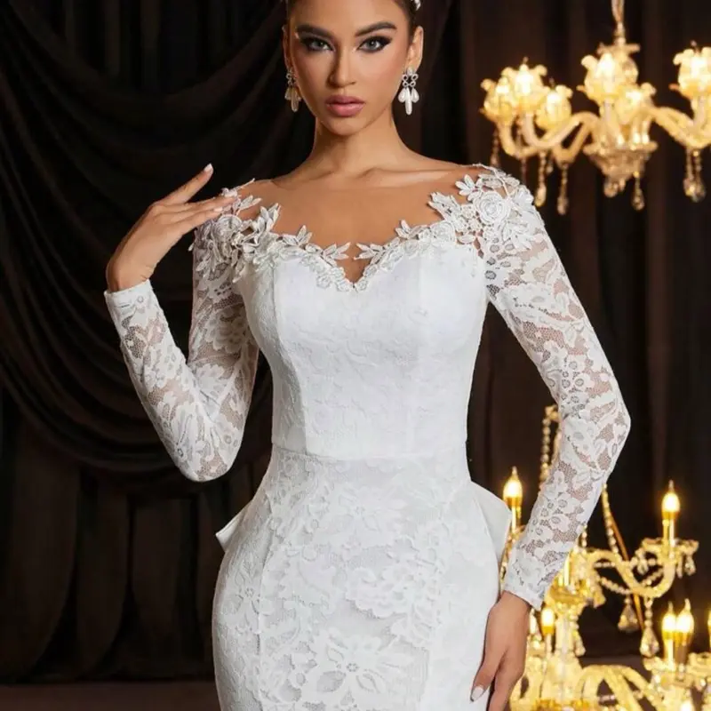 Glamrae Elegant Luxurious White Contrast Lace Detail Sheer Long Sleeve Bodice And Classic French See-Through Glamrae Elegant Luxurious White Contrast Lace Detail Sheer Long Sleeve Bodice And Classic French See-Through