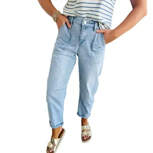 Women’s Beau Blue High Rise Patch Pocket Relaxed Barrel Jeans