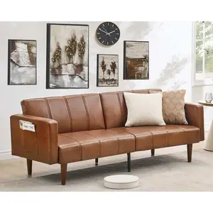 Convertible PU Leather Futon Sofa Bed – 75" Mid-Century Modern Sleeper Couch with Adjustable Backrest, Loveseat Design, Side Pockets, Space-Saving, Small Sofa for Living Room or Bedroom, Brown