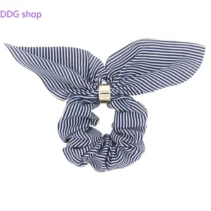 Korean-Style Simple Fabric Striped "Bunny Ear" Hair Tie — Featuring a CCB Gold Buckle and Detachable Bow Headpiece
