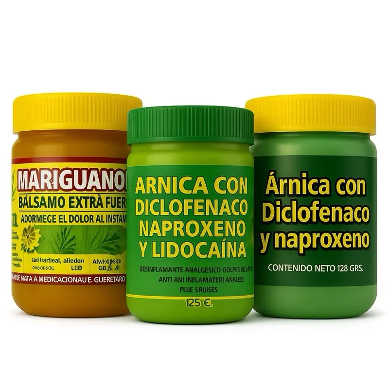 (3 models) Combo Pack Extra  Arnica pomada muscular + Mariguanol Balsamo extra fuerte cream 125g + Arnica y Lidocaina Massage Balm – 125g  | Soothing Full-Body Care pomada de árnica con diclofenaco y naproxeno Oil Cosmetic, Back Pain Relief, Pain Relief G