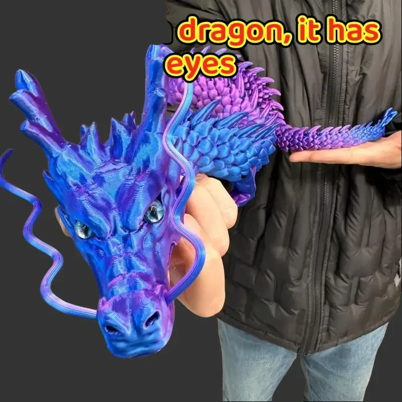 35.43-inch Glam 3D-Printed Blue-Purple Dragon Sculpture with Eyes, Christmas Home Decor Figurine, Ideal Gift for Home Supplies
