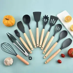 12pcs kitchenware set Wooden handle silicone kitchen utensils Spatula spoon with storage bucket Kitchen cooking tools