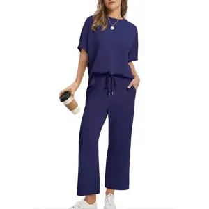 Women's 2-Piece 2025 New Summer Outfit - Short-Sleeved Top, Casual Wide-Leg Cropped Pants