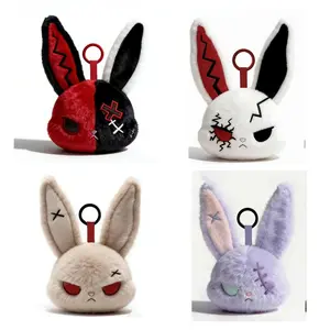 Spooky Cute Gothic Bunny Plush Keychain Set, 4 Styles Emo Grunge Rabbit Head Bag Charms with Stitched Eyes & Crack Details, Fluffy Bunny Key Rings for Backpack, Keys, Handbag, Women Girls, Gothic Style Fans, Gift