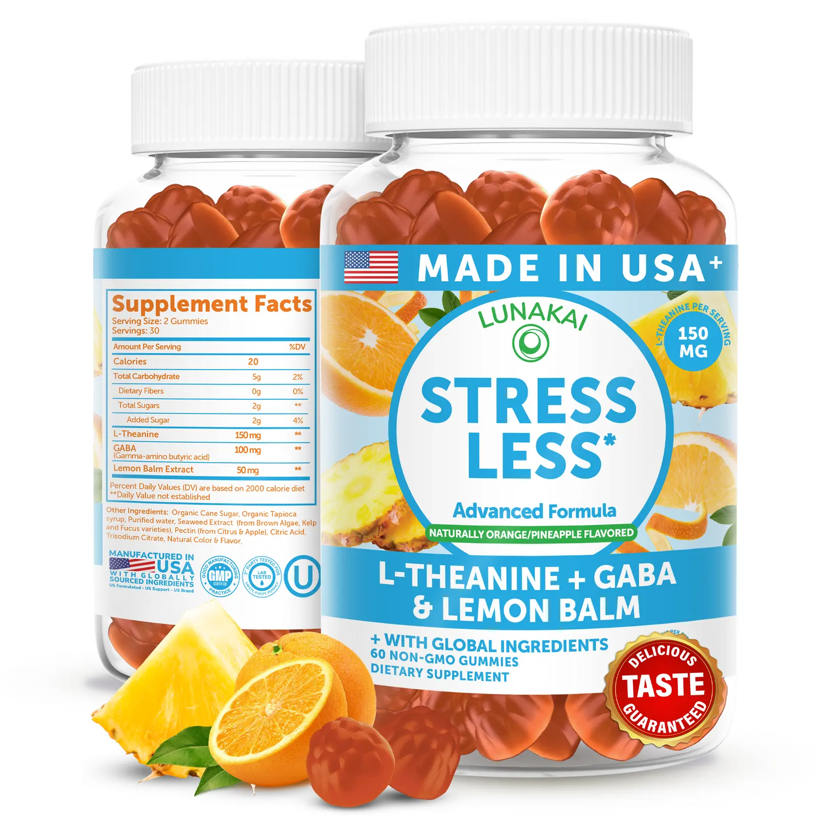 Lunakai USA Made Calm & Stress Relief Gummies – Delicious GABA + L-Theanine Calming Supplement for Adults & Kids – Natural Stress Support, 60ct