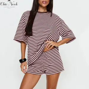 Y2k Women‘s 2 Piece Lounge Set Stripe Pj Set Loungewear Casual Short Sleeve Top and Shorts