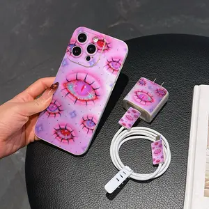 5 Piece Set Vintage Eye Phone Case, Charger Head Cover, Cable Protector, Storage Rope, Anti-Drop Tpu Shell for iPhone