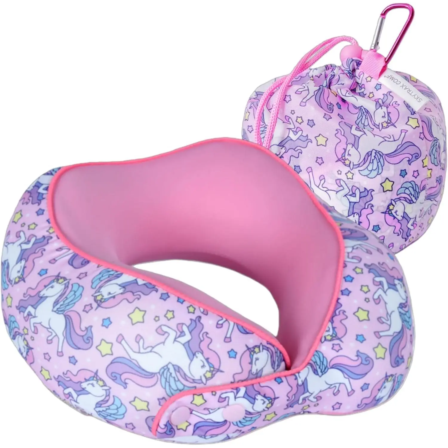 Certified Kids Safe Memory Foam Travel Neck Pillows for Kids and Toddlers, Cute Cartoon Design, Car Seat & Airplane Head Neck Support, Adjustable Snap Butt