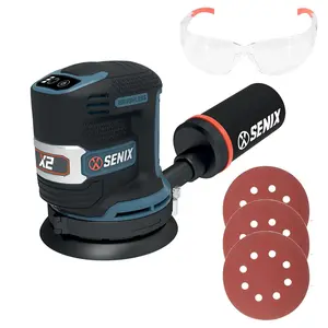 SENIX 20V Random Orbit Sander,5 Inch Power Palm Electric with 3 Speed Modes,Dust Collection Bag,3 Pcs Sandpaper Sheets for Woodworking w/Safety Glasses(Tool Only,No Battery)