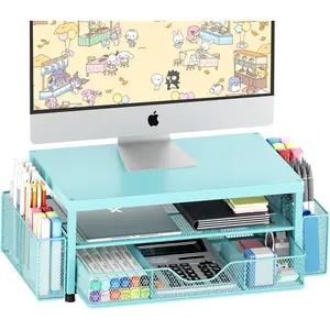 Desk Organizers and Accessories, 2-Tier Computer Monitor Stand Riser with Drawer and 2 Pen Holders, Laptop Stand, Office Desk Accessories for Office Supplies, Teal Blue