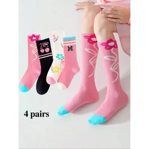 4 Pairs Girls' Knee High Socks, Spring Autumn Winter Casual Sports Socks, Korean Style, Comfortable Soft Breathable, Fashion Striped Design, Casual Stylish Socks, Casual Comfy Socks, Casual Daily Socks, Kneesocks