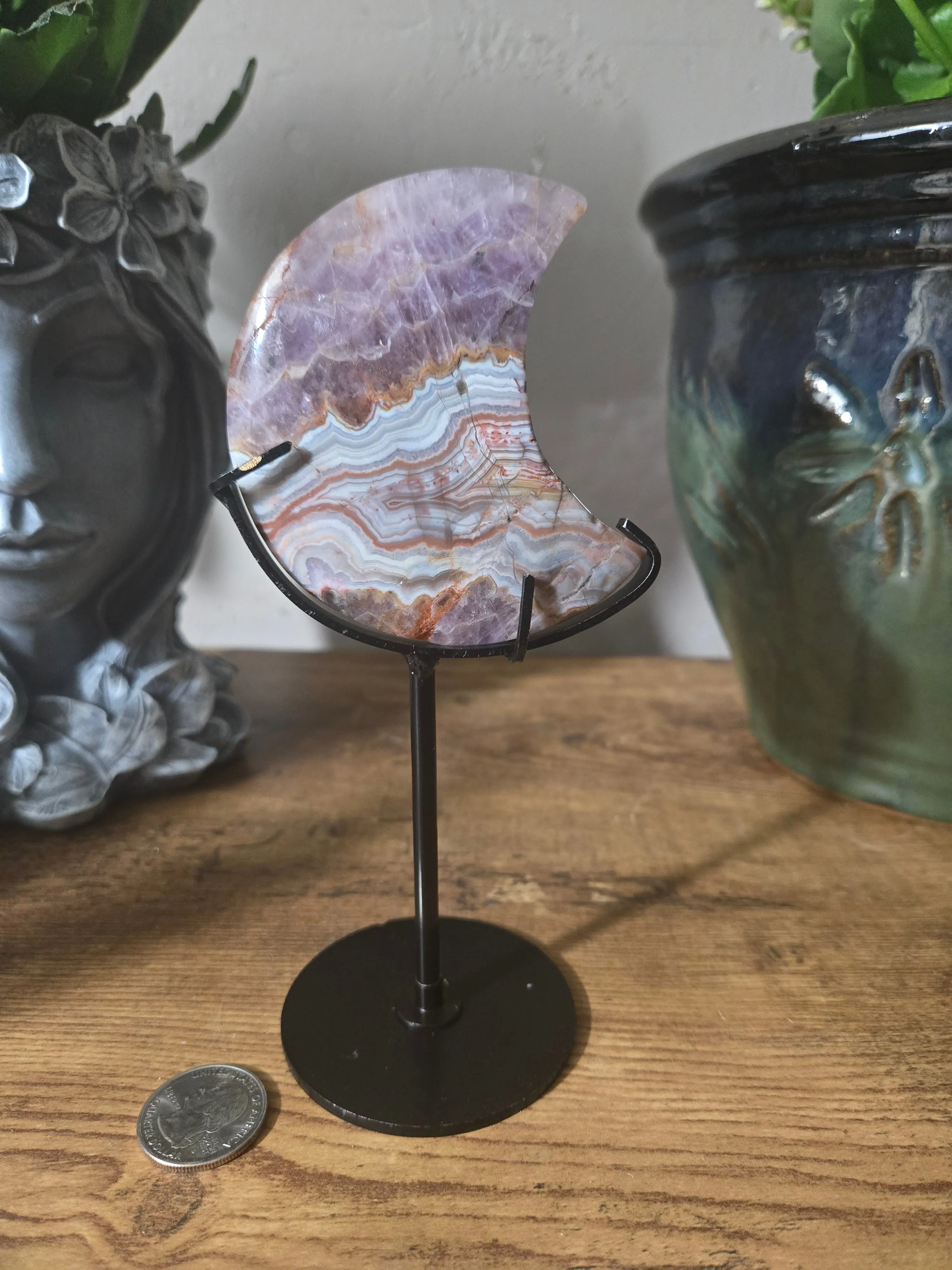 Natural Crazy Lace Amethyst Moon Carving - Apothecharity Natural Crystal Decor, Shields Against Negativity, Aids Meditation, Promotes Peace, Enhances Higher Consciousness, High Spiritual Vibration, Protective, Moon Shaped Decor, Enhances Higher States Of