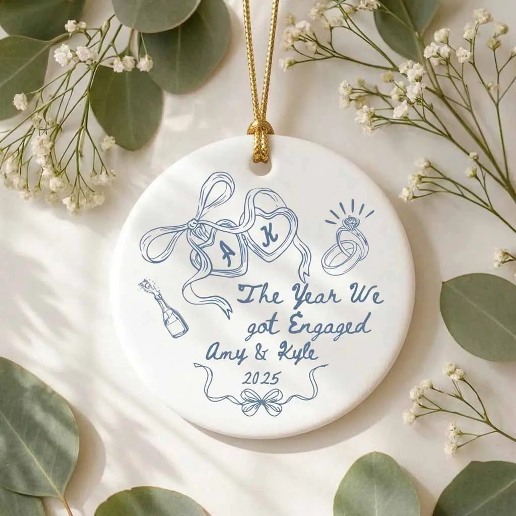 Personalized Engagement Ornament, The Year We Got Engaged Ceramic Keepsake, Custom Couple Ornament with Names and Year, Bride to Be Gift