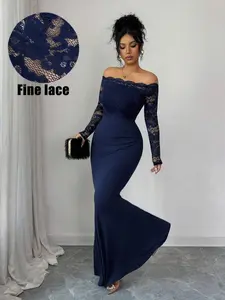 Elegant Slim-Fit Blue Dress, Lace One-Shoulder High Waist Mermaid Tail, Slimming and Tall, Formal Occasion Must-Have, Formal Evening Dress, Elegance, Formal Wear, Womenswear
