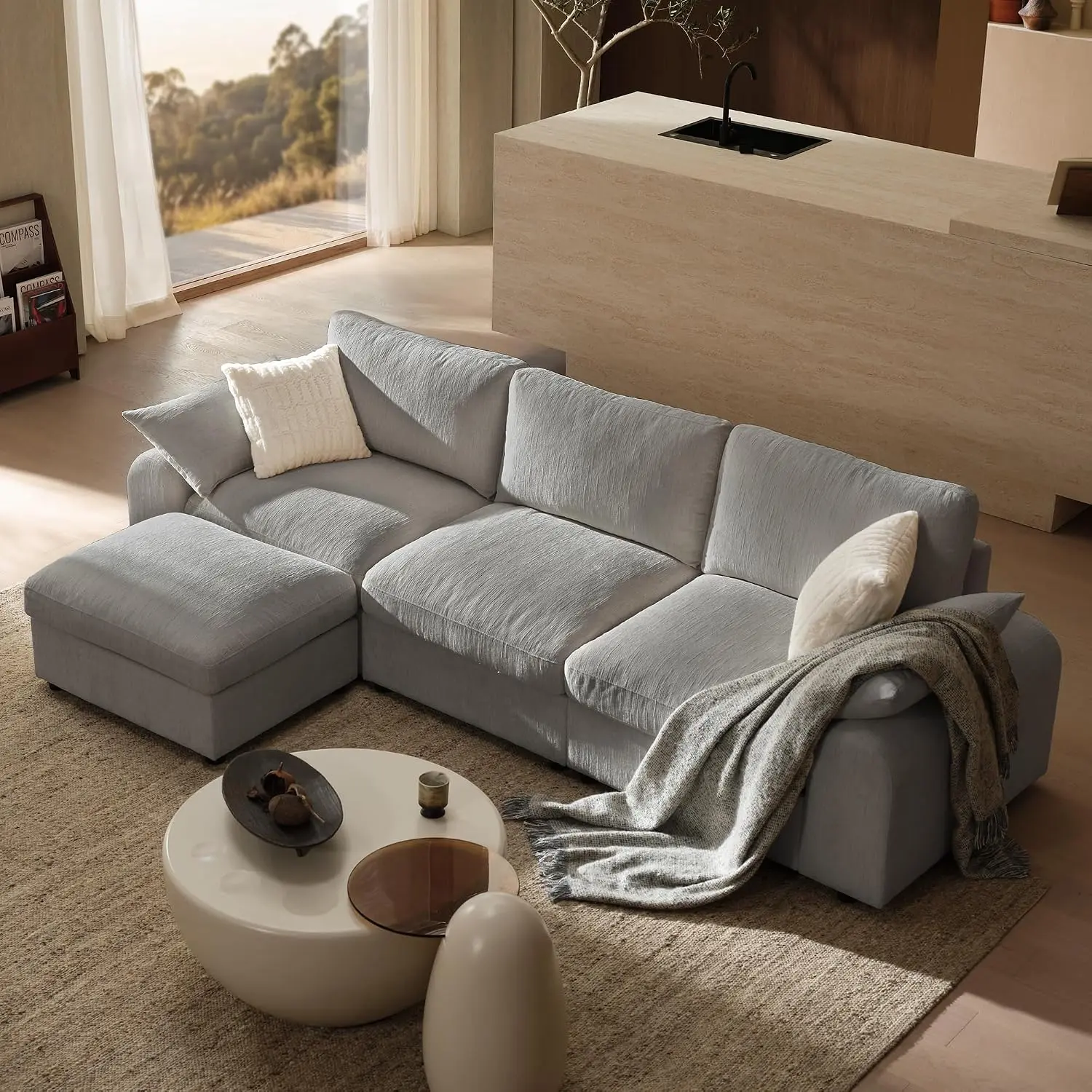 [3 Packages Shipping]ModernMate 114.1" Modular Sectional Sofa, Down Filled Sectional Sofas, 3 Seater Sectional Couches with Storage Ottoman, L Shaped Couch with Removable Chenille Cover, OEKO-TEX Fabric, Tool-Free Assembly, Gray