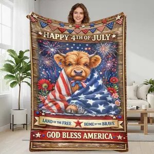 Cute Highland Cow Flannel Blanket  Patriotic USA Flag Print  Soft Cozy Warm Throw  Perfect for Independence Day Celebrations  Home Decor  Outdoor Picnics  and Thoughtful Gifts.