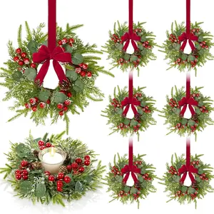 6 Pcs 9.2" Mini Christmas Wreaths for Cabinets Small Wreath Kitchen with Ribbon Christmas Decorations Candle Rings Red Berry Pine Cone Wreaths for Windows