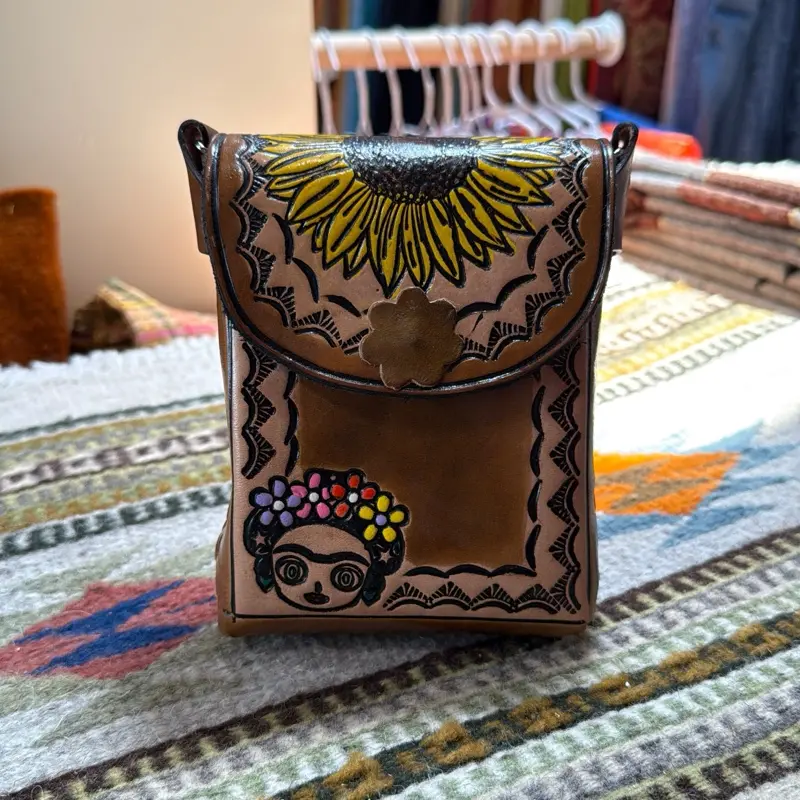 Frida Khalo Bag with Sunflower and Vibrant Designs Authentic Leather Made in Mexico Handcrafted Artisanal Purse