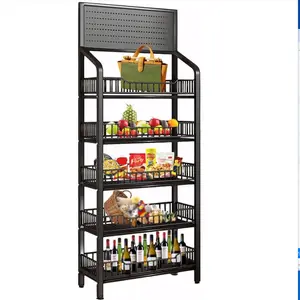 5 Tier Retail Display Rack, Snack Organizer Stand With Wheels & 15 Hooks, Candy Potato Chip Metal Wire Display Shelf Cart for Supermarket and Home Kitchen, Black