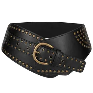 JASGOOD Women Vintage Wide Elastic Belt Studded Stretchy Waist Belt with Rivets Metal Buckle