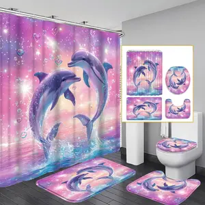 1PC/4PCS 2D Flat Printing Two Dolphins in Pink and Purple Starry Sky Patterned shower curtain, home bathroom decor, shower curtain set with 12 hooks, non-slip bathroom rug, U-shaped toilet seat cover, toilet seat mat.