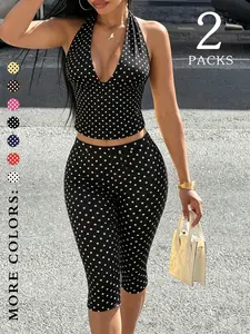 Women's Vacation Style Polka Dot 2-Piece Set, Deep U-Neck Design, Short Sleeve, Soft Fabric, Elastic Waist, Perfect for Travel & Daily Wear