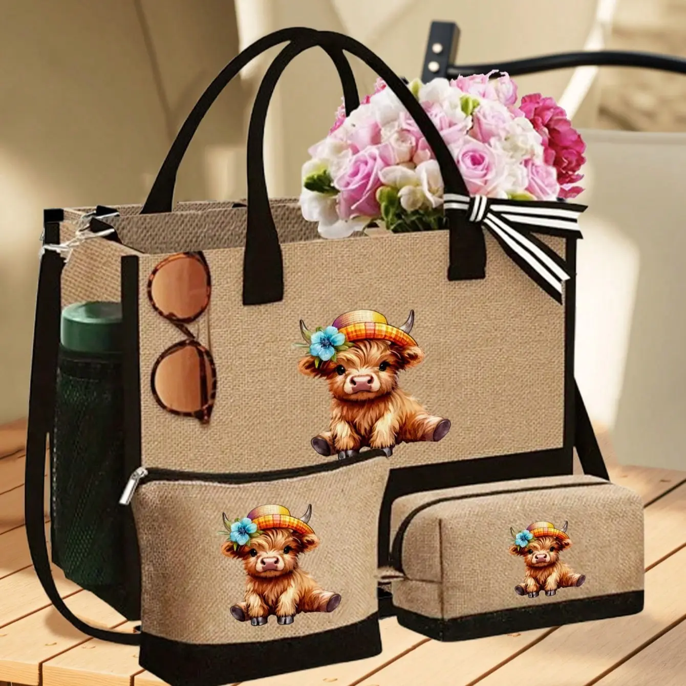 Cute Highland Cow Linen Handbag, Cartoon Highland Cow Pattern Bag with Matching Makeup Pouch/wallet, Cosmetic Bag, Personalized Gift Bag, Cosmetics Bag, Vanity Bag, Vanity Purse, Makeup Bags