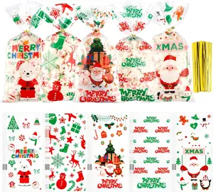 Christmas  Bags, 100 count Christmas Cellophane  Bags, Plastic Clear Xmas Candy Bag with 100 count Twist Ties for Cookie Goodies  Present Wrap for Xmas Party Favor Supplies, 5.04x10.63 Inch