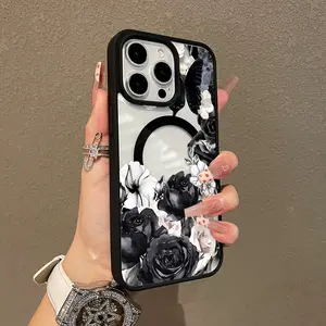 Adorable Magnetic Case for iPhone11/12/13/14/15/16/17/promax Black Butterfly Floral Art MagSafe Compatible, Lightweight, Anti-Fall | Girly & Chic Style