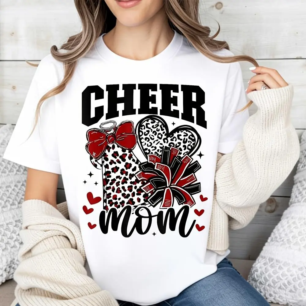 Cheer Mom Leopard Print Bow Heart Graphic T-Shirt, Cheerleading Supporter Apparel, Game Day Casual Wear