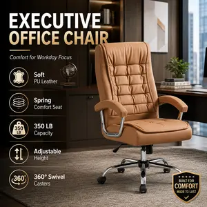 Super Executive Office Chair High Back Ergonomic Desk Chair PU Leather Swivel Computer Chair with Spring Seat Cushion 350 LBS Heavy Duty Chrome Armrests Home Office Desk Furniture Work From Home WFH Aesthetic Camel