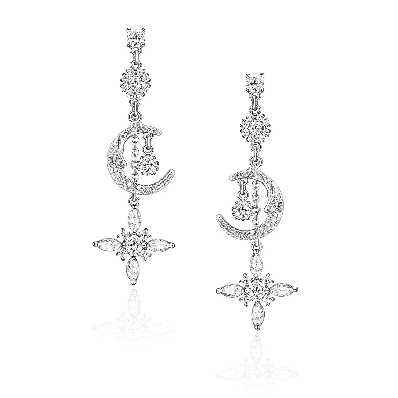 Moon and Star Cubic Zirconia for Women Star Earrings Silver Drop Earrings Moon Earrings Dangle Punk Silver Star Celestial for Gift