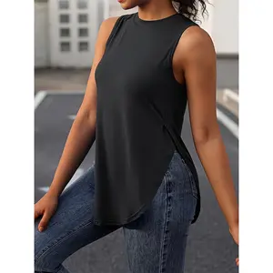 Solid Round Neck Vest, Casual Sleeveless Slit Top, Women's Clothing