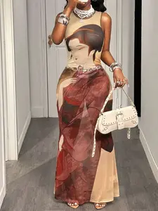 Women's Sleeveless Mesh Maxi Dress with Japanese Portrait Print